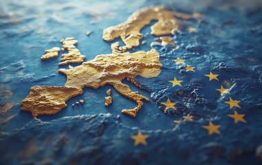 European Union map, political division, topographic relief, background of EU flag.  Possible use Stock photo for political science, geography, or business presentations