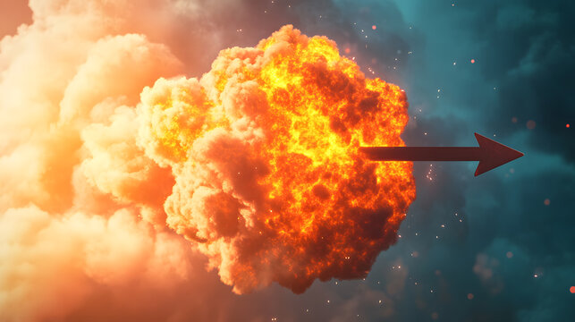 Fiery explosion with arrow piercing through, symbolizing breakthrough, challenge, or overcoming obstacles.  Ideal for business, technology, or overcoming adversity concepts.