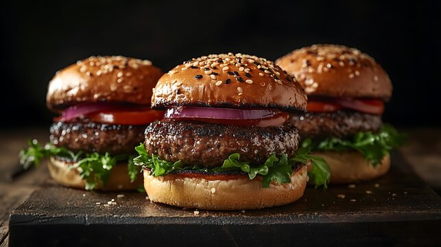 Meticulously detailed studio photography of three gourmet miniature slider burgers creatively topped and sauced, arranged artistically in a stylish trio presentation, sophisticated lighting,