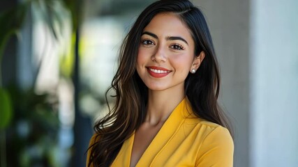 Beautiful latino businesswoman in yellow elegant apparel
