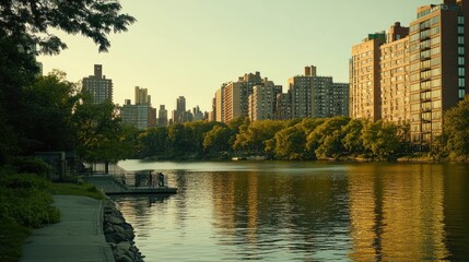 A peaceful riverside view, where nature greenery meets the structure of human-made buildings, symbolizing balance and coexistence