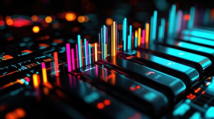 Financial chart with glowing 3D bar and line graphs, futuristic stock market trends visualization