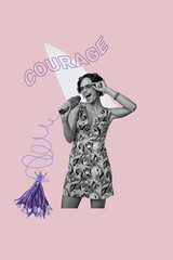 Fototapeta premium Art image vertical photo collage of happy girl sing microphone tulips flower bloom bouquet march day feminist party celebration
