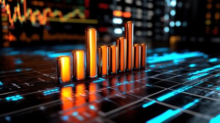 Financial chart with glowing 3D bar and line graphs, futuristic stock market trends visualization