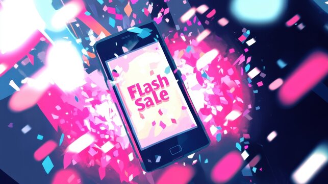 Vibrant Announcement of a Flash Sale on a Smartphone Display Surrounded by Colorful Confetti and Sparks, Perfect for Marketing Campaigns or Promotions