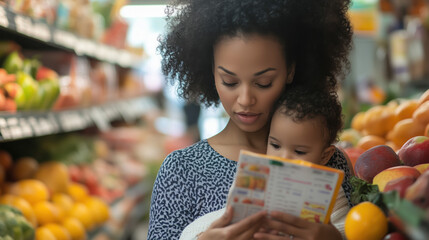 A worried mother reading food labels while shopping for her child with food allergies