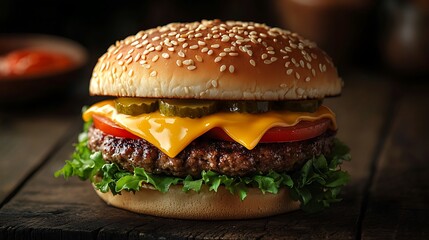 Meticulously styled professional studio photography showcasing an ultra-realistic classic cheeseburger with generous cheddar cheese melt, crisp lettuce, ripe tomato slices, pickles, ketchup, mustard,