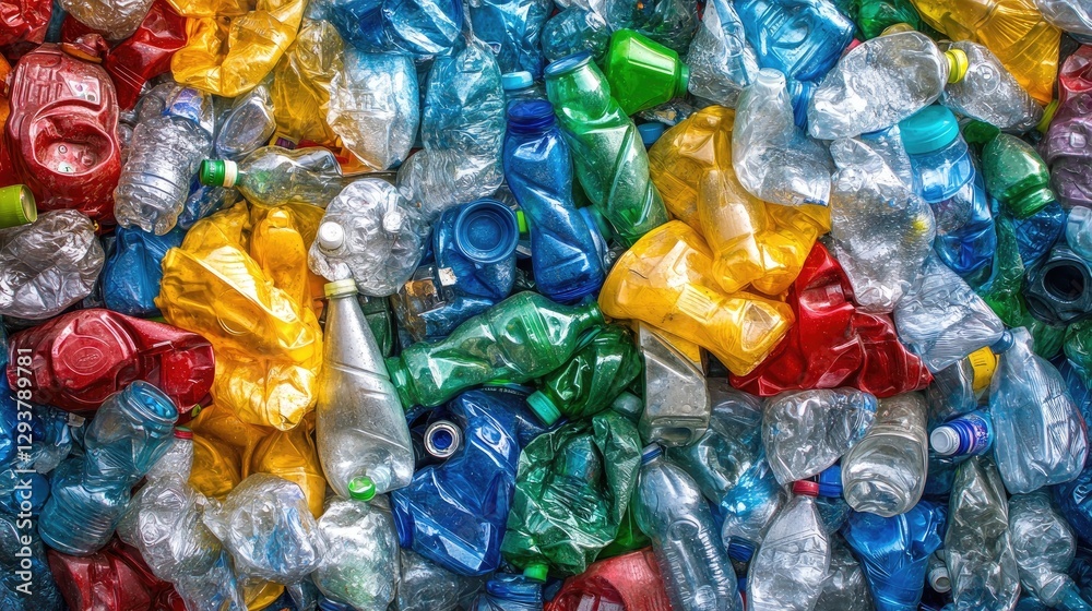 Poster A recycling facility with a large pile of crushed plastic bottles, ready for sorting and processing, showcasing sustainability efforts