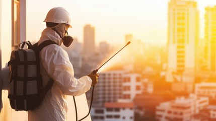 Worker in Protective Gear Applying Pest Control Treatment on Urban Rooftop During Sunset, Emphasizing Safety and Environment Protection in a Cityscape