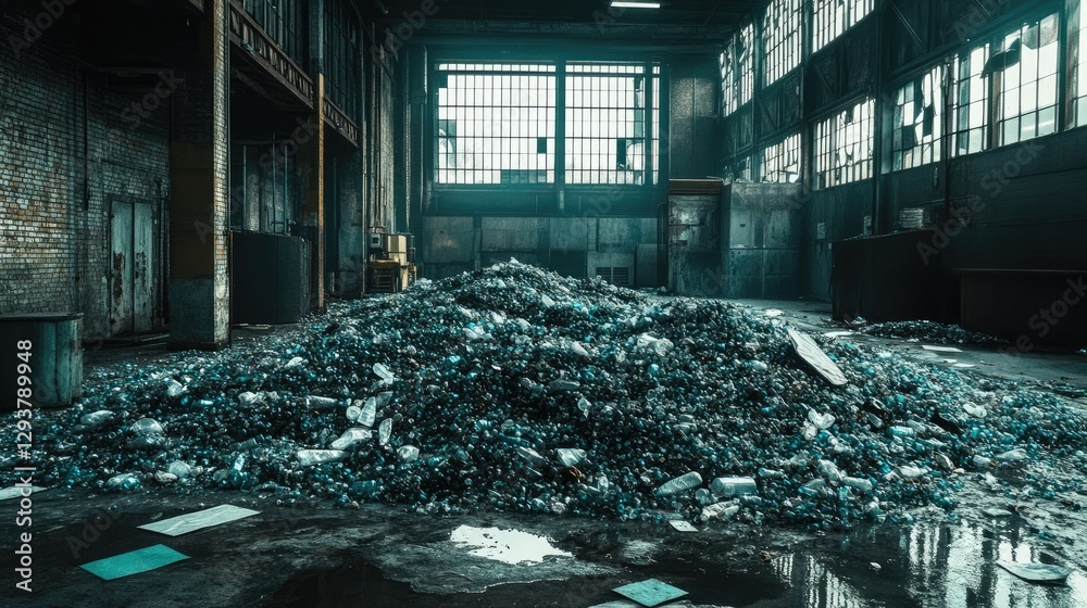 Poster a recycling facility with a large pile of crushed plastic bottles, ready for sorting and processing,
