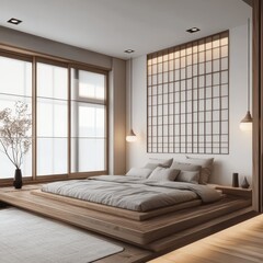 Fototapeta premium A Japanese bedroom interior with a minimal and modern design