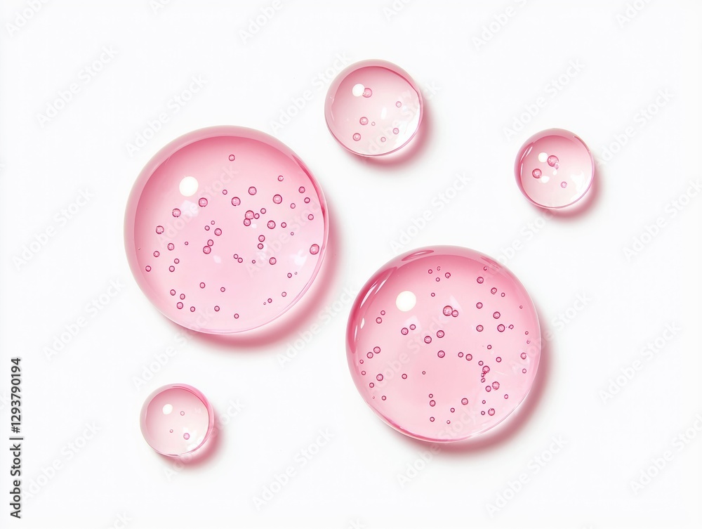 Poster pink serum drops with bubbles on white background creating textured pattern
