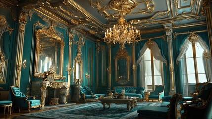 Obraz premium A regal teal interior with gilded Rococo paneling, chandeliers, and a refined atmosphere