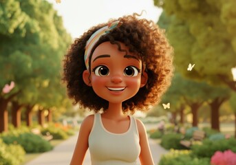 Cheerful animated girl with curly hair smiling in a sunny park