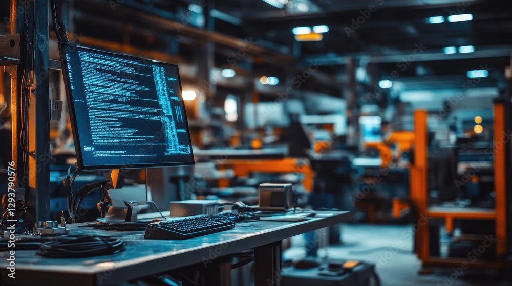 Poster A rugged industrial workshop with a computer screen showing dynamic programming code, with metal panels and exposed wiring highlighting the hard-hitting tech environment