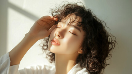 Naklejka premium Young woman with curly hair enjoys warm sunlight in a cozy indoor setting
