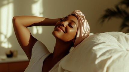 Fototapeta premium Woman enjoying peaceful moment indoors while sitting on cozy couch in sunlight