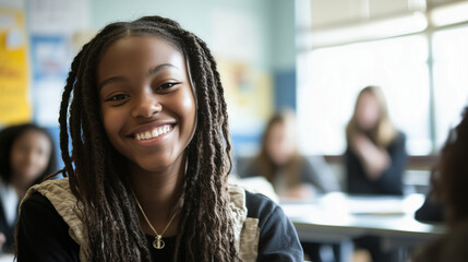 Young student smiles warmly in a classroom filled with classmates during a lesson