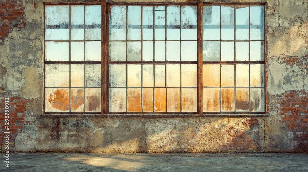 Poster A rustic old wall with large panoramic windows, providing clear space for design elements or text, perfect for vintage or architectural visuals