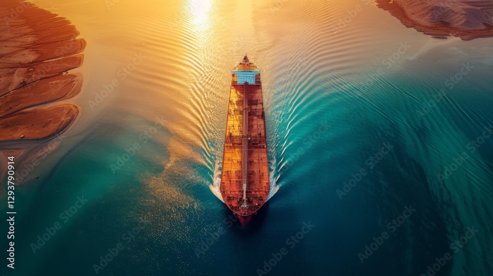 Poster a large cargo ship navigates tranquil waters as the sun sets, casting golden reflections on the surf