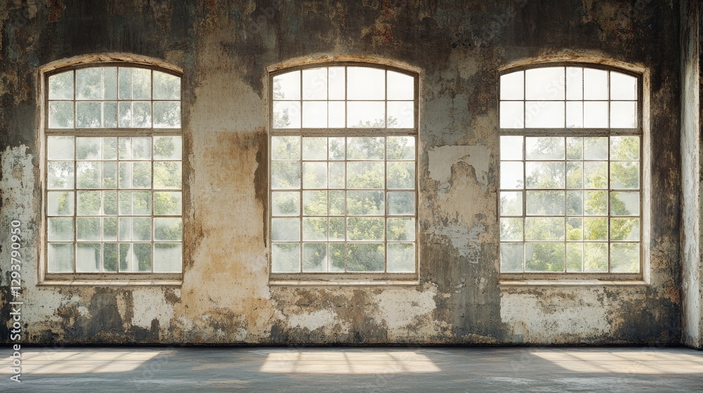 Poster A rustic old wall with large panoramic windows, providing clear space for design elements or text, perfect for vintage or architectural visuals