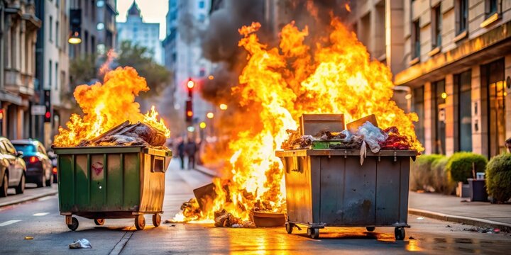 A dumpster fire in the middle of a busy street with flames engulfing nearby trash cans and overflowing dumpsters, dangerous waste, pollution