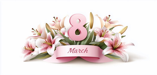 a pink ribbon with flowers and leaves on it that says march 8 with a pink ribbon with the number eight
