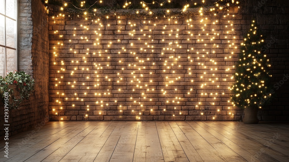 Poster a serene loft wall with softly glowing christmas lights, creating a peaceful and festive atmosphere,