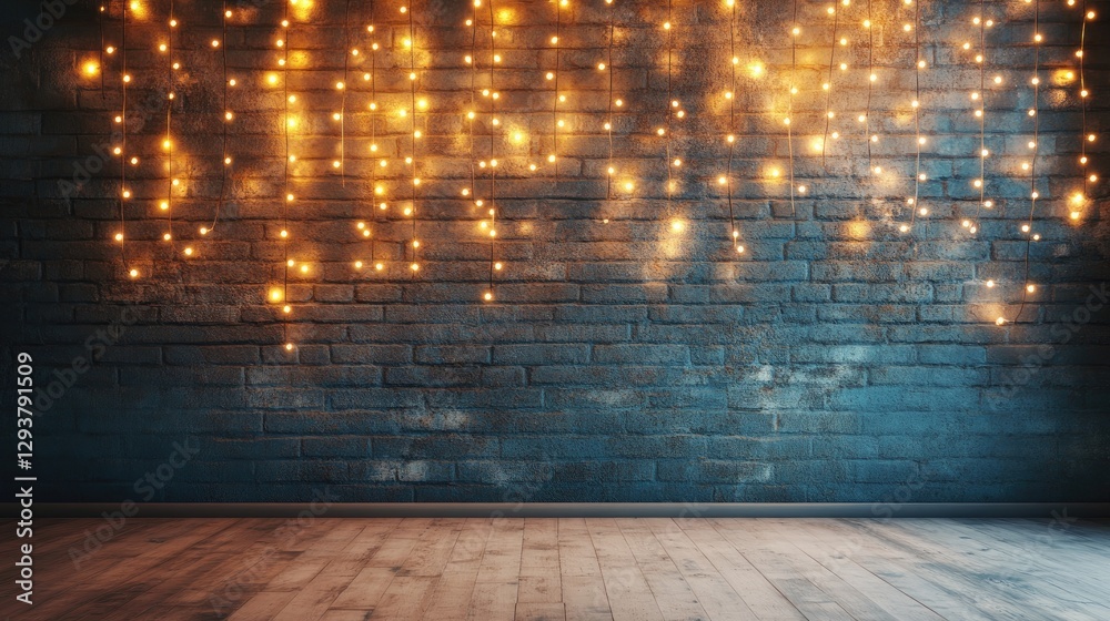 Poster a serene loft wall with softly glowing christmas lights, creating a peaceful and festive atmosphere,