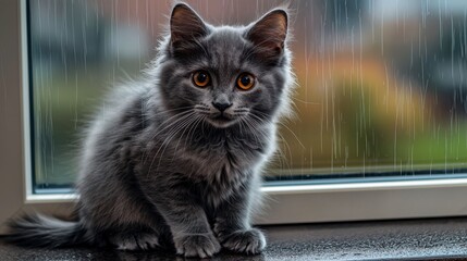 Fototapeta premium Playful chartreux cat with sleek blue-gray coat home interior animal photography cozy environment close-up view