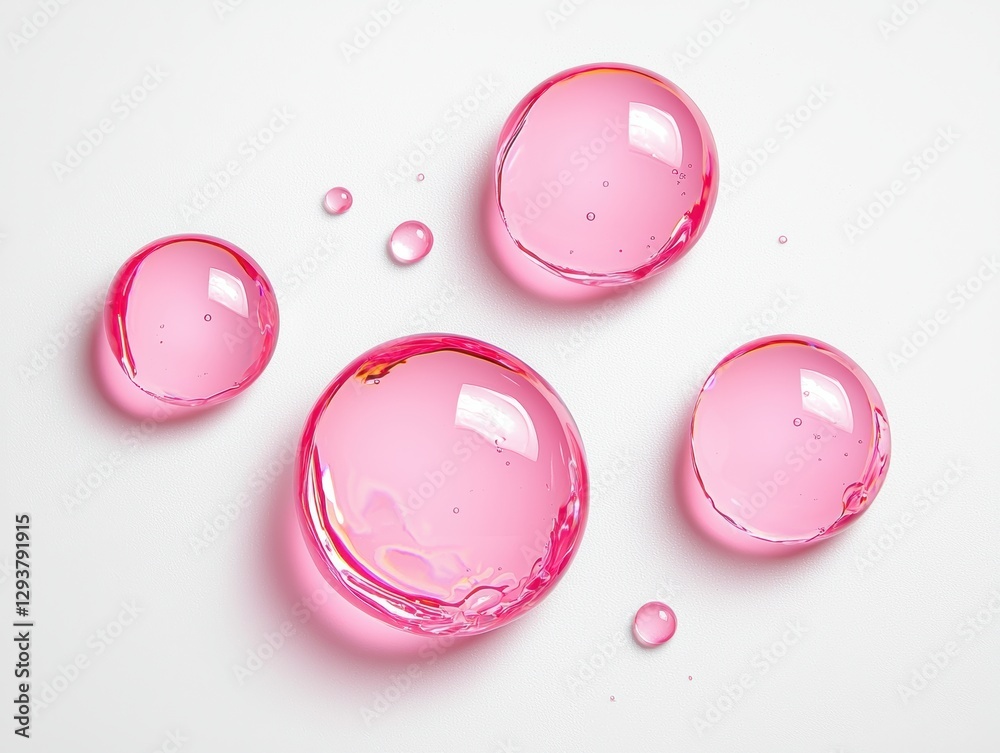 Poster pink serum drops creating a glowing texture on white background
