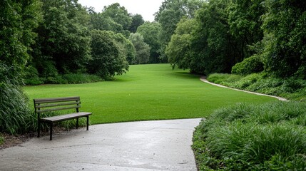 Fototapeta premium Serene park bench, lush green lawn, trees, peaceful background, nature relaxation