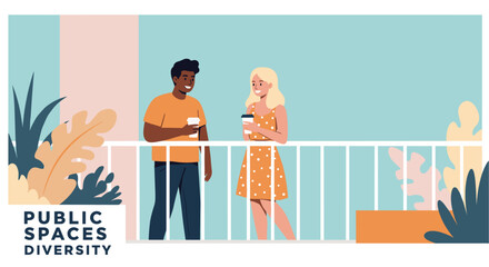 Fototapeta premium Public spaces diversity with Black man and blond Caucasian girl having a coffee together. Flat style vector