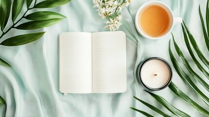 self-care routines mindfulness morning. A serene flat lay featuring an open notebook, a cup of tea, a candle, and green leaves, creating a calming atmosphere for relaxation and creativity.