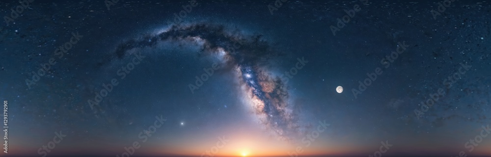 Wall mural night sky panorama displays milky way with rising full moon. seamless hdr spherical equirectangular 