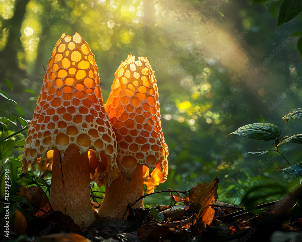 Poster close-up shot of two honeycomb-shaped mushrooms growing in the forest with sunbeams shining through,