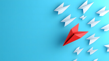 Unique red paper airplane leading a flock of white ones on a bright blue background;  symbolizing leadership, innovation, and standing out.
