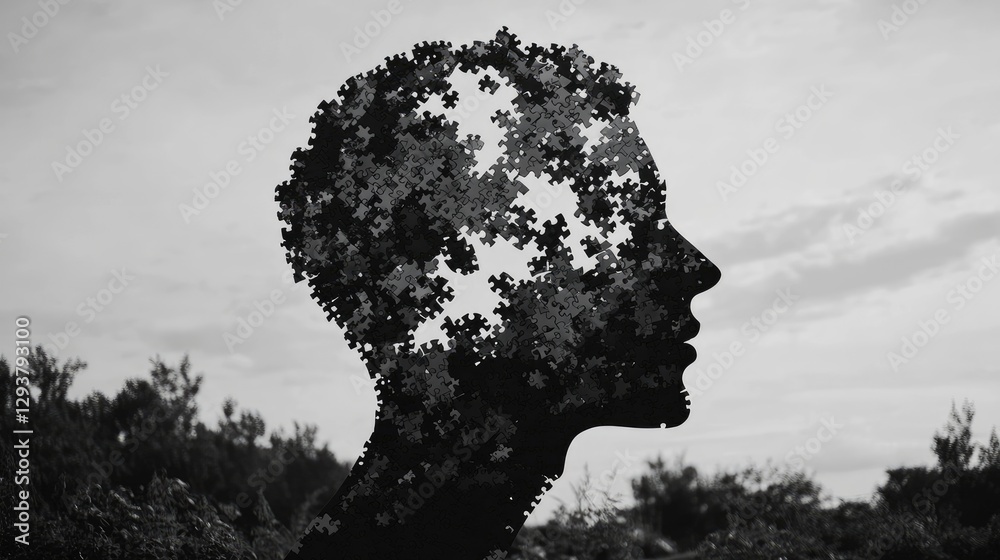 Poster a silhouette of a person head with missing pieces of a jigsaw puzzle, symbolizing memory loss and th