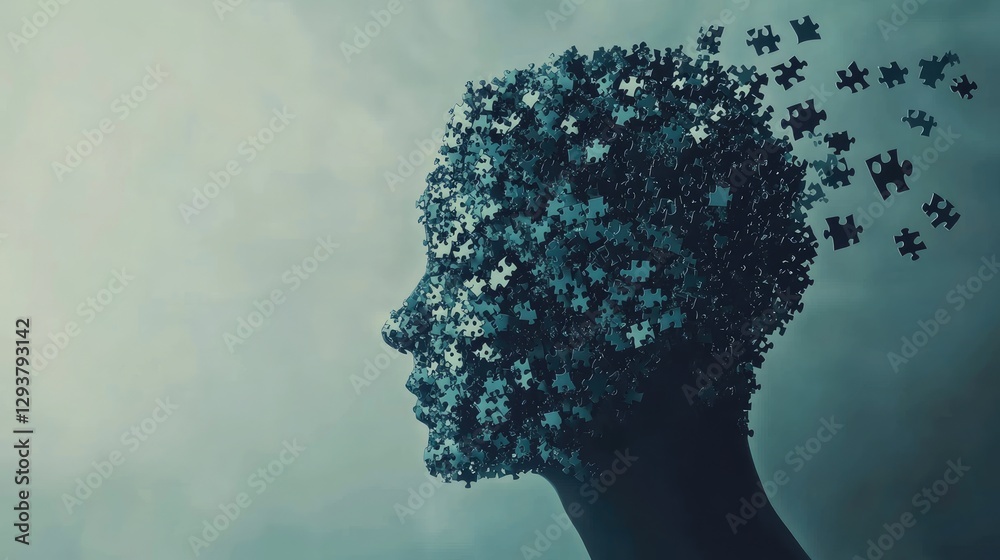 Poster a silhouette of a person head with missing pieces of a jigsaw puzzle, symbolizing memory loss and th