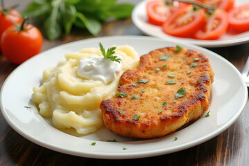 Delicious breaded cutlet with mashed potatoes and fresh tomatoes on a plate
