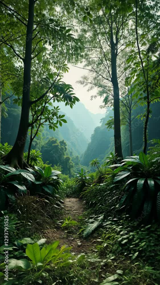Poster A path through a forest with trees on either side. The path is surrounded by green plants and trees