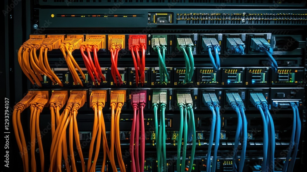 Poster A sleek server rack setup featuring organized, color-coded cables linked to a switch panel, illustrating a well-maintained and advanced network infrastructure