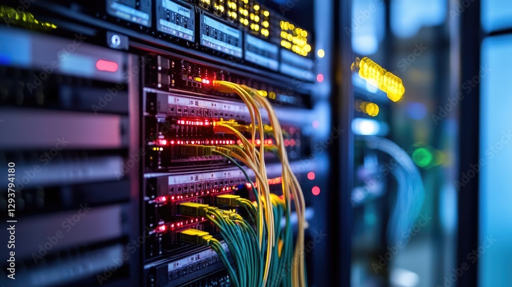 Poster A sleek server rack setup featuring organized, color-coded cables linked to a switch panel, illustrating a well-maintained and advanced network infrastructure