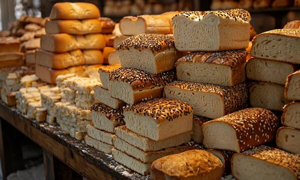 Freshly baked loaves of bread stacked in a rustic bakery, showcasing various types and textures
