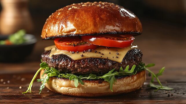 Professional high-resolution studio capture of a gourmet burger featuring premium wagyu beef patty, velvety smoked gouda, crispy arugula, luscious black truffle mayo, heirloom tomato slices,