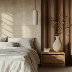 A cozy and stylish bedroom interior with natural elements