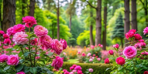 Fototapeta premium A cluster of vibrant pink roses blooming in a lush green garden surrounded by tall trees with delicate leaves and stems covered in soft moss , wildflowers, vibrant colors