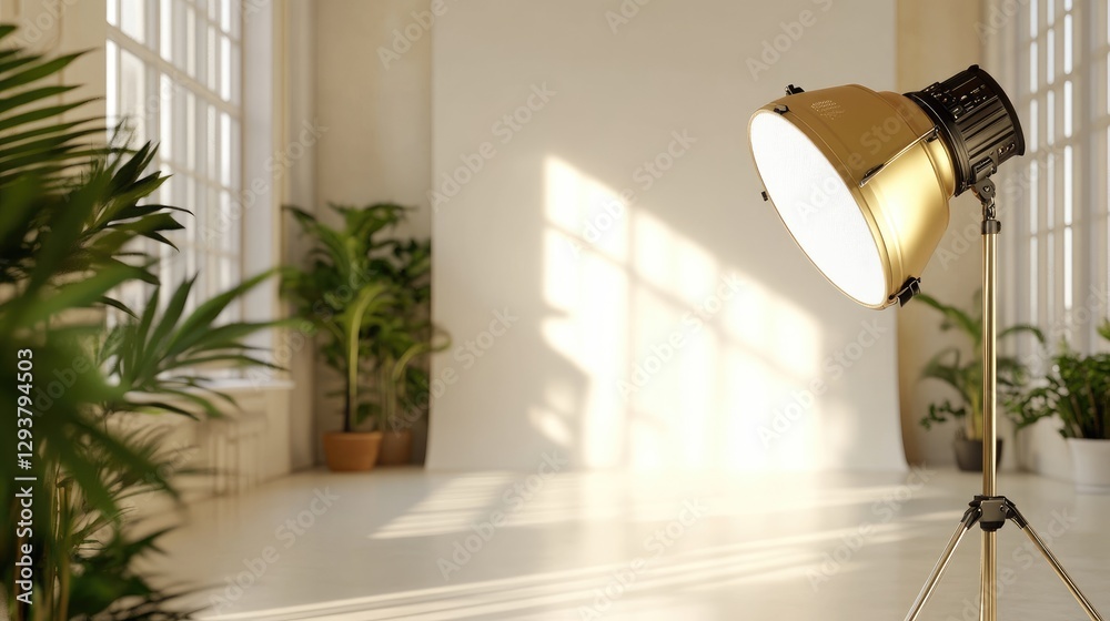Poster A spotlight from a golden lamp highlights a clean, open studio space, providing an ideal backdrop for incorporating graphics or text for design projects