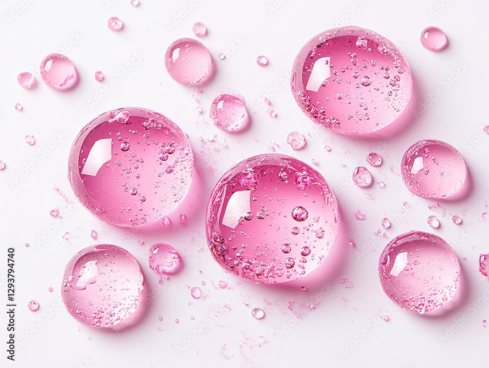 Aufkleber pink serum drops with bubbles on white background creating textured pattern