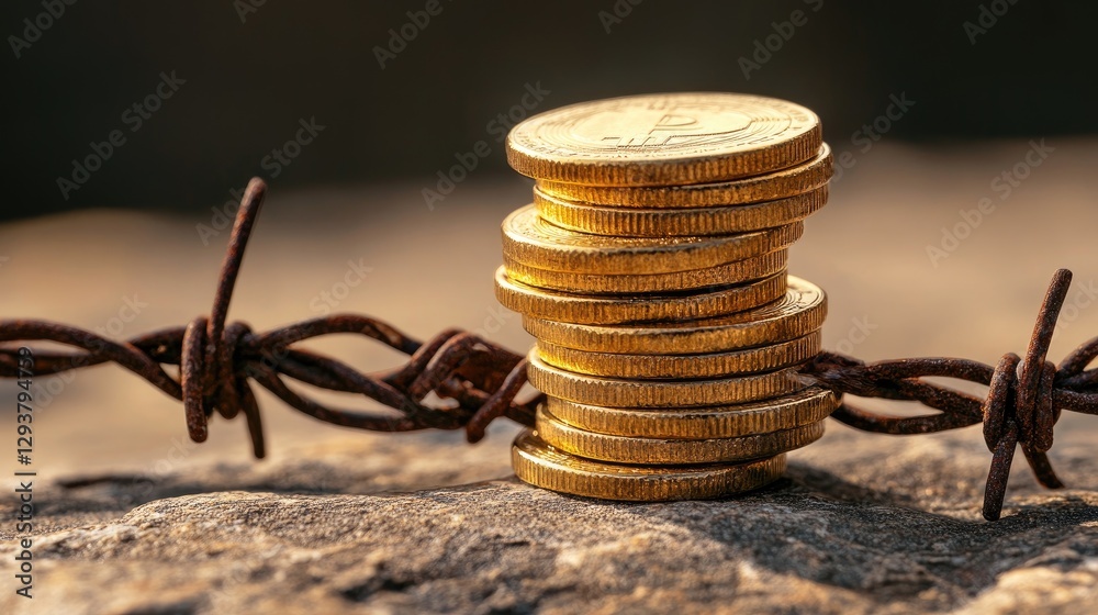 Poster a stack of golden coins placed carefully on sharp barbed wire, symbolizing the delicate balance betw